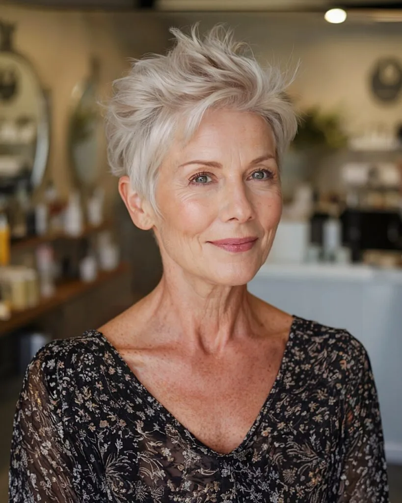 Feathered crown pixie cut for older women with volume and wispy platinum layers