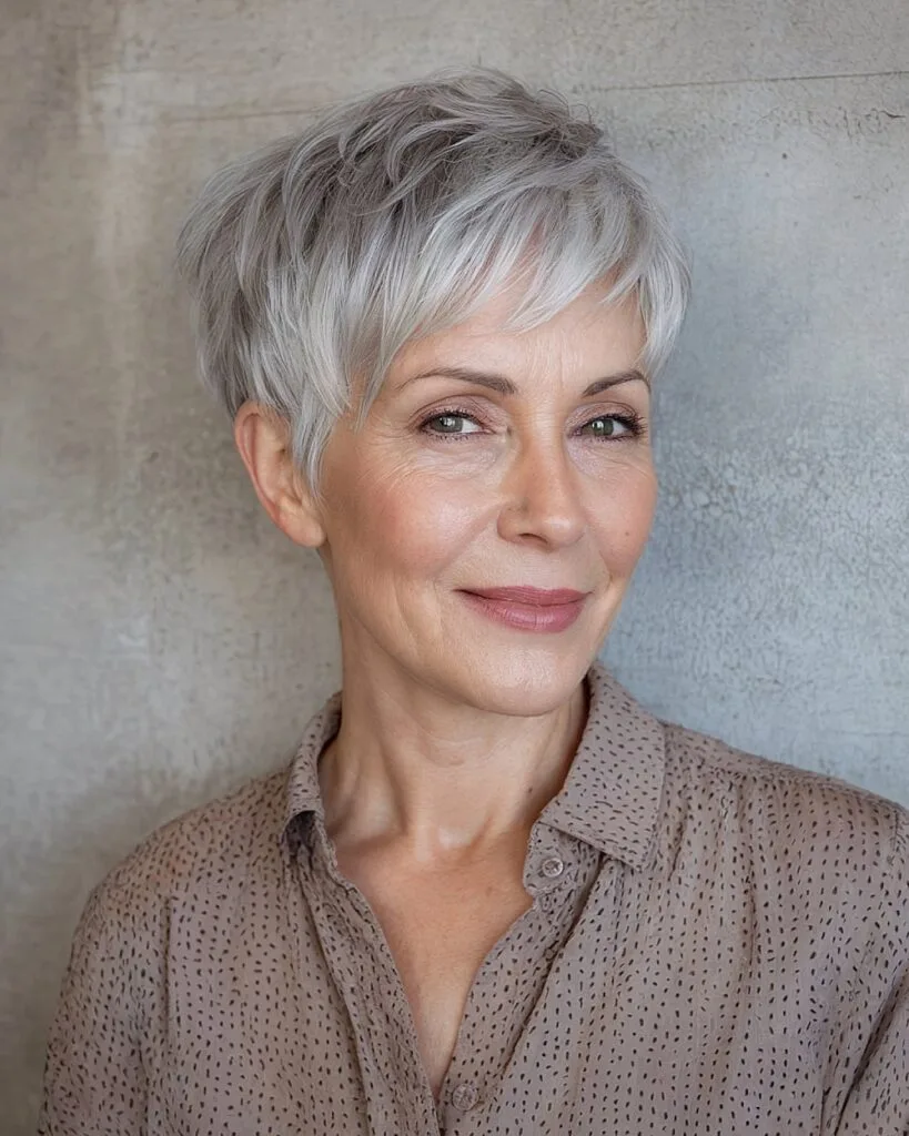 Feathered frosted pixie cut for older women with fine silver hair and soft layered volume
