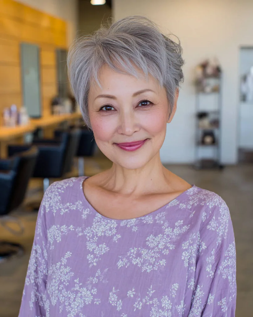 Feathered short pixie for thin hair over 50 with side-swept bangs and soft texture