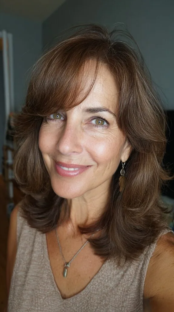 Feathered Shoulder-Grazing Cut with Side-Swept Fringe and Root Lift