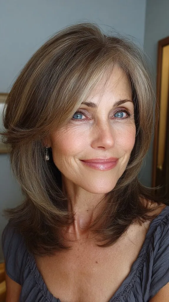 Feathered Shoulder-Length Layers with Root Shadow and Soft Curtain Fringe