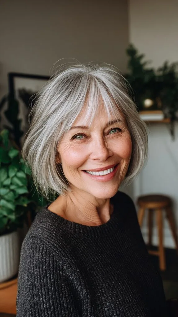 Feathered Silver Chin-Length Bob with Curtain Fringe