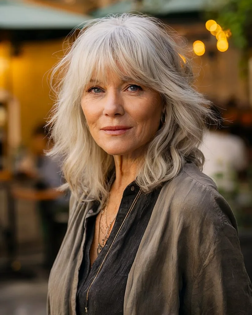Feathered silver layered haircut with bangs for women over 60 with medium-length wavy hair