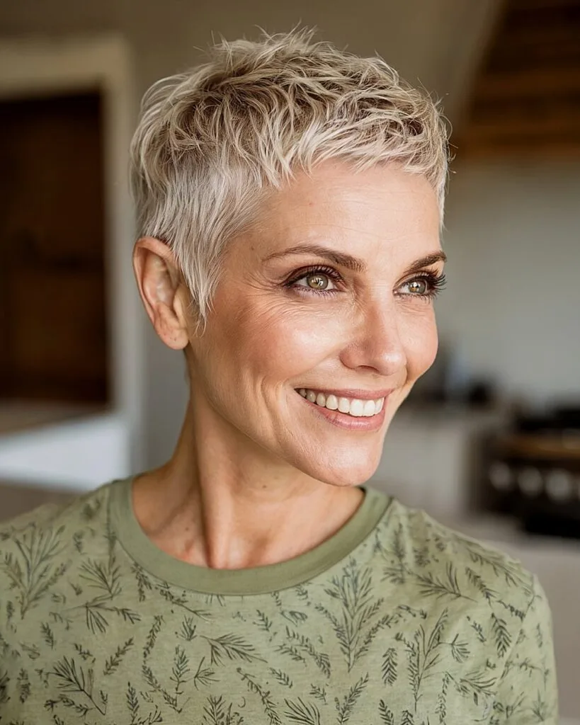 Feathered tapered pixie cut for women over 50 with fine thin hair and soft textured layers for added volume