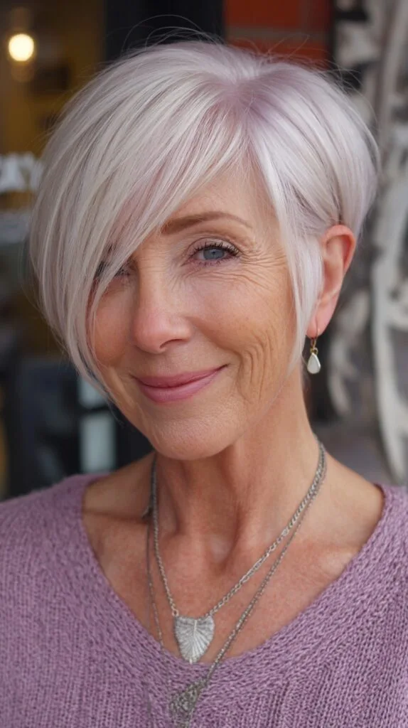 Feathery Platinum Layered Bob for Ageless Style