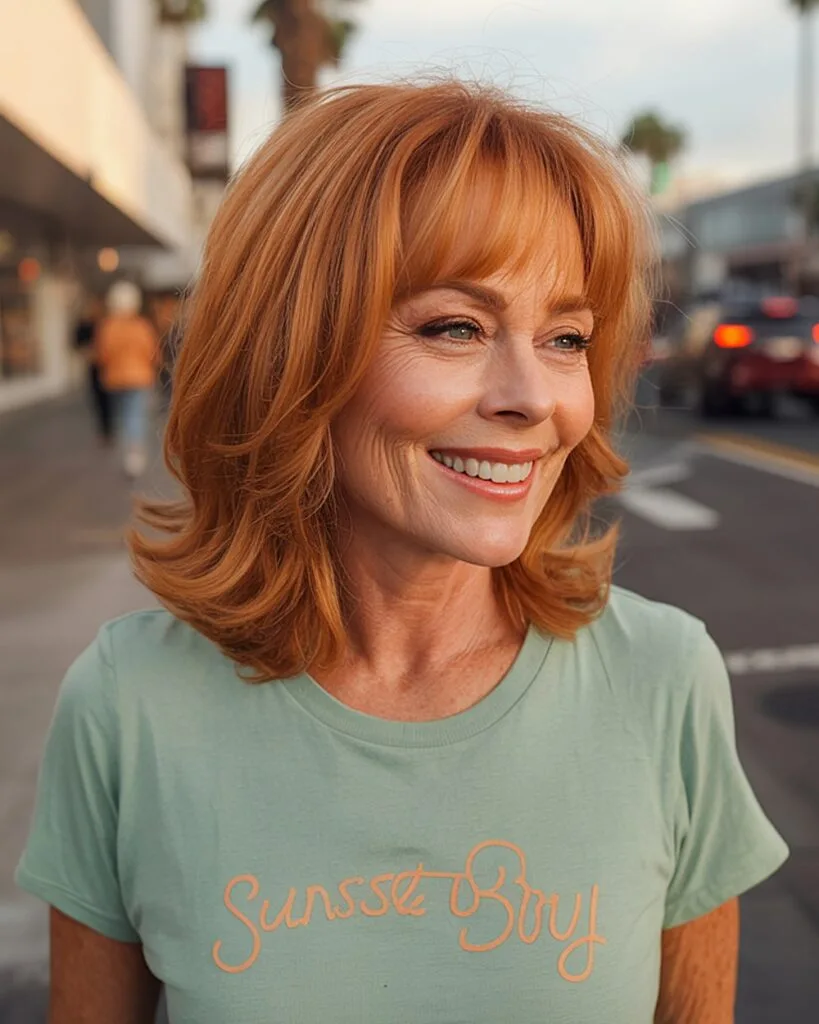 Flipped-layered medium haircut with rounded bangs for older women with red hair