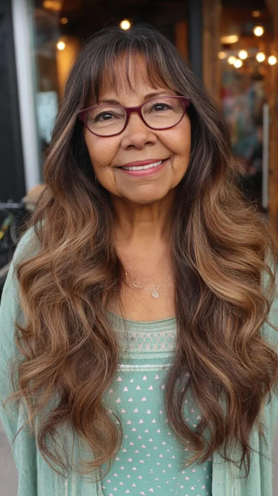 Flowing Chestnut Waves with Caramel Highlights