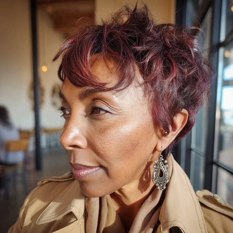 Funky Textured Pixie with Rich Burgundy Highlights