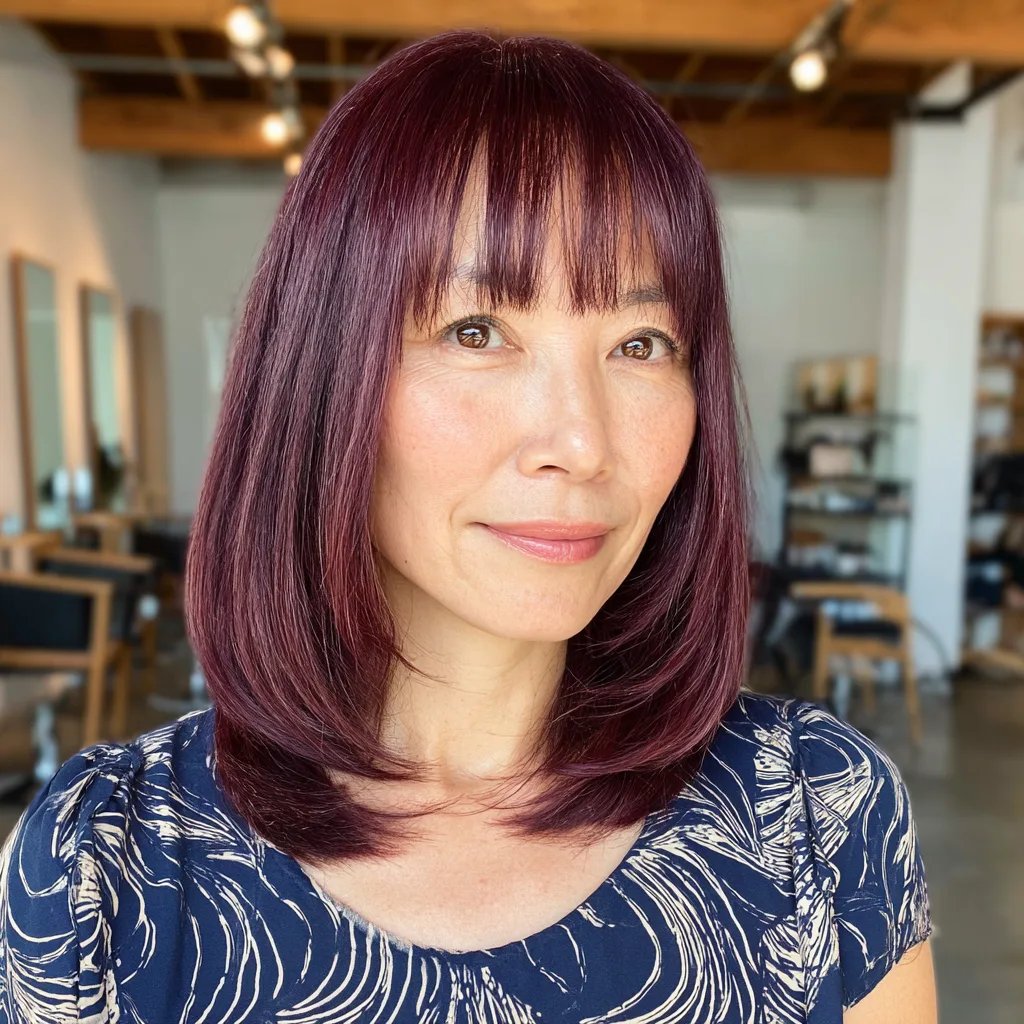Glossy Burgundy Lob with Straight Bangs