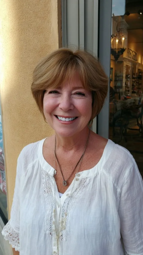 Golden Blonde Layered Bob with Light Wispy Bangs