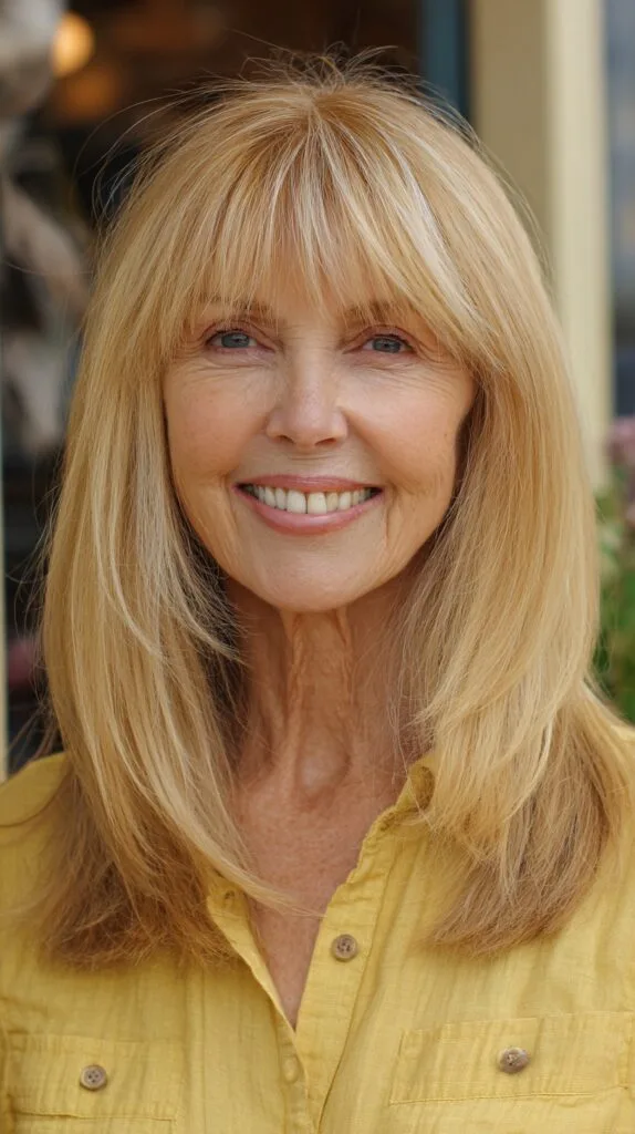 Golden Blonde Layered Cut with Curtain Bangs