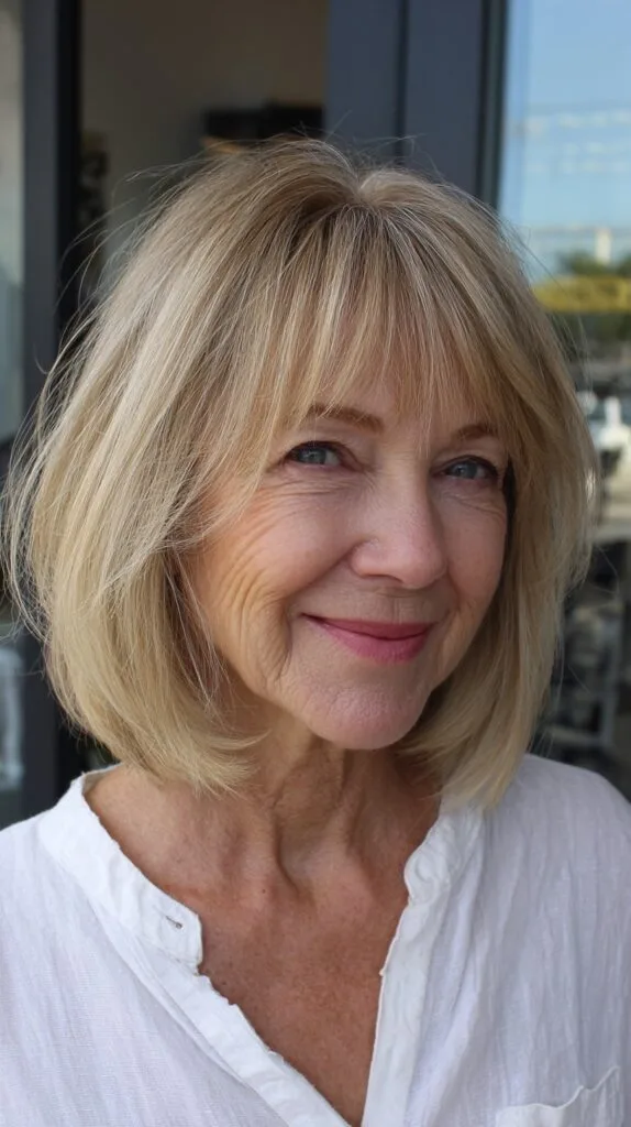 Golden Blonde Layered Cut with Delicate Fringe