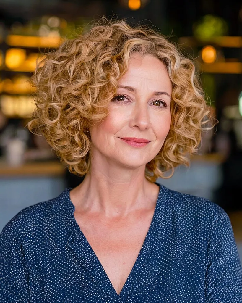 Golden honey blonde curly bob for older women with medium-density defined ringlets
