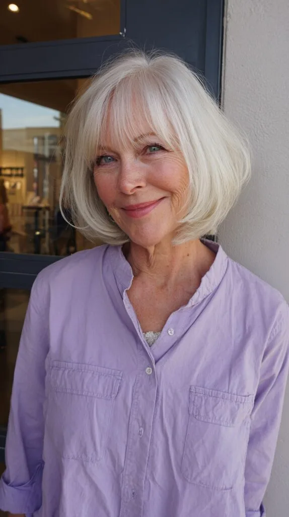 Graceful Silver Mid-Length Bob with Light Wispy Bangs