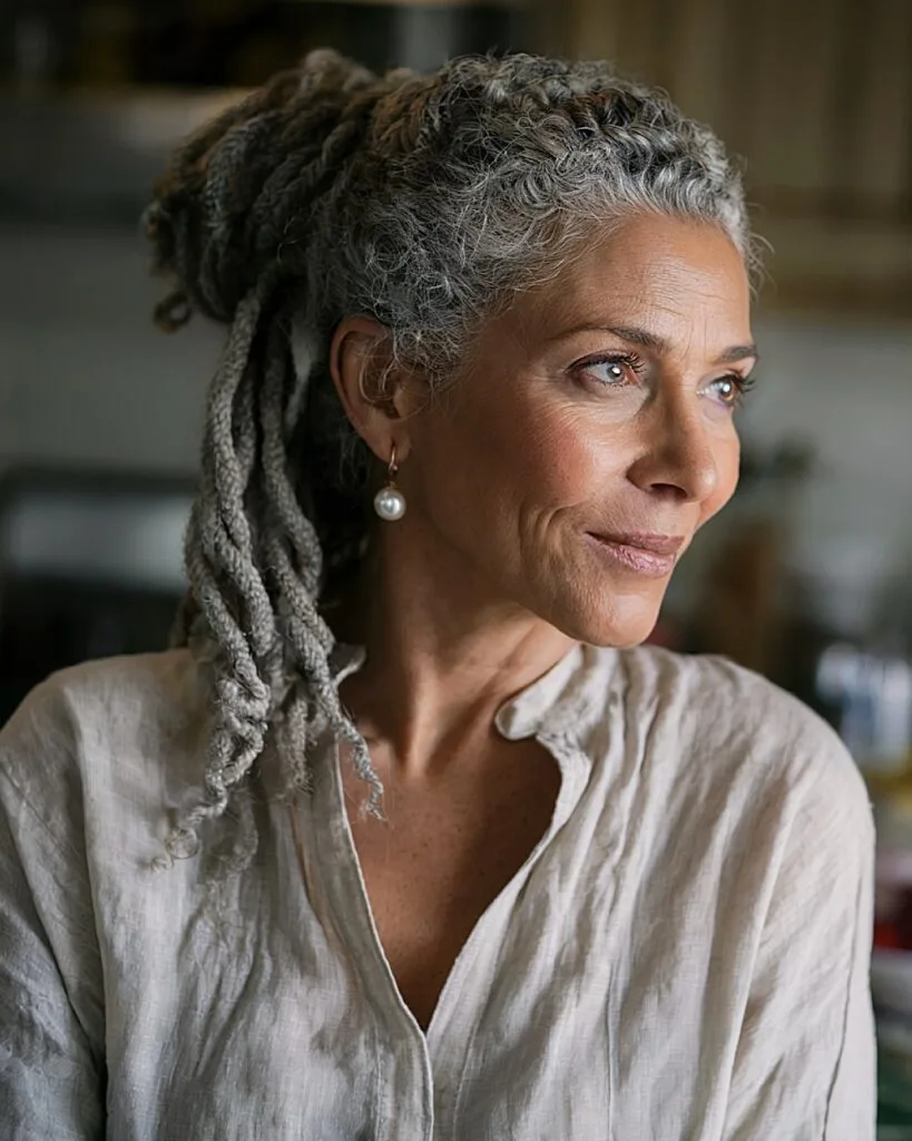 Gray twist-style updo with natural texture for mature women seeking protective curly hairstyles