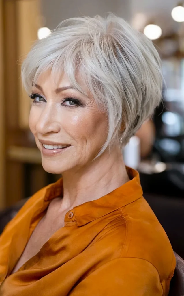 Grey Angled Bob with Wispy Bangs for ladies past sixty