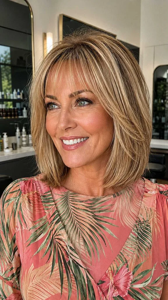 Honey blonde highlighted lob with side-swept bangs
