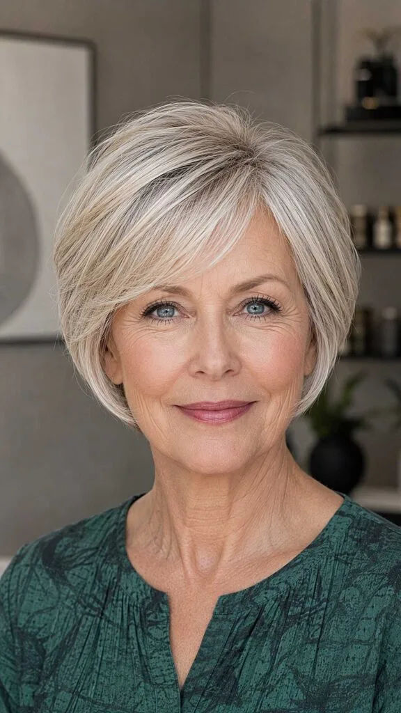 Icy platinum smooth pixie bob with side-swept bangs