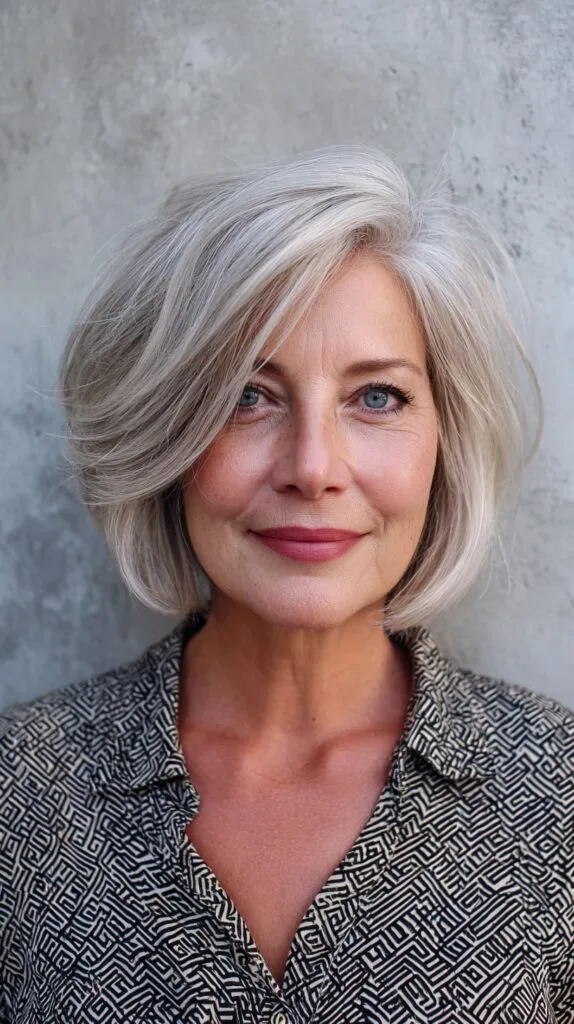 Icy Silver Rounded Jaw-Length Bob with Long Side-Swept Fringe