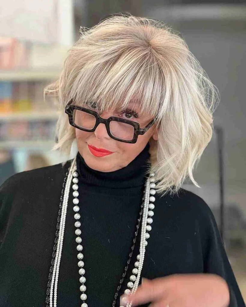 Icy Textured Bob Cut with Soft Layers for Ladies Over Sixty with Glasses