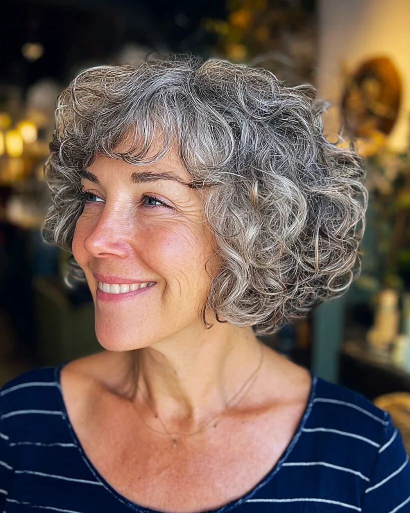 Jaw-length rounded curly bob with wispy layers