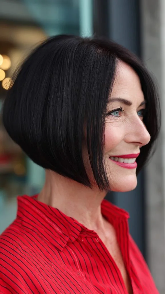 Jet Black Angled Chin-Length Bob with Rounded Internal Stack