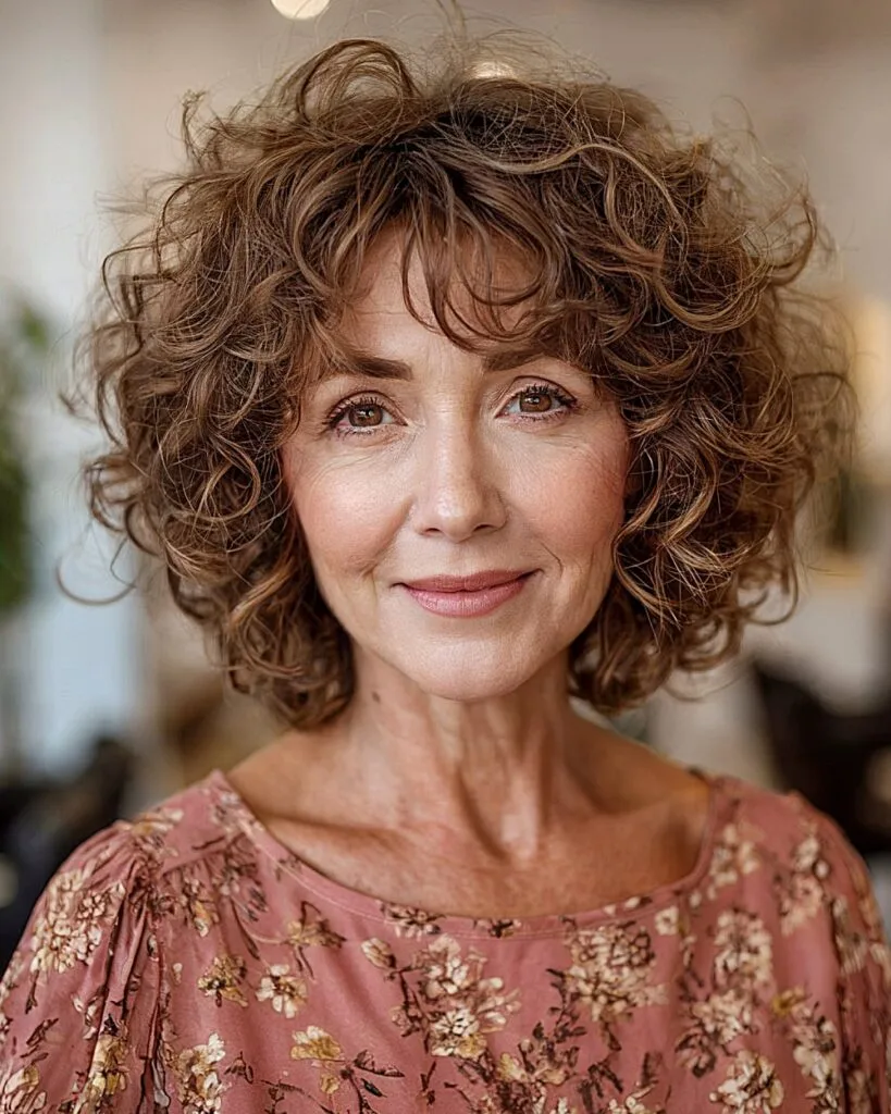 Layered ash brown curly bob for older women with fine curls and wispy bangs
