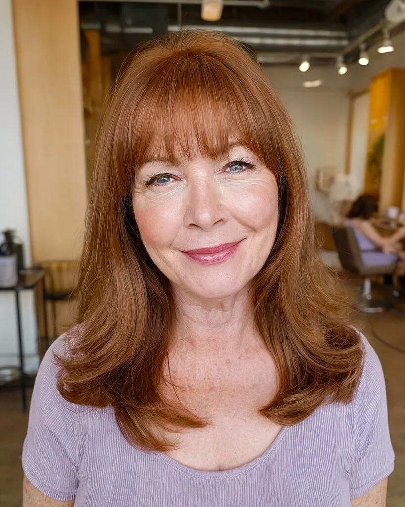 Layered copper hairstyle with full fringe bangs for mature women with thick hair