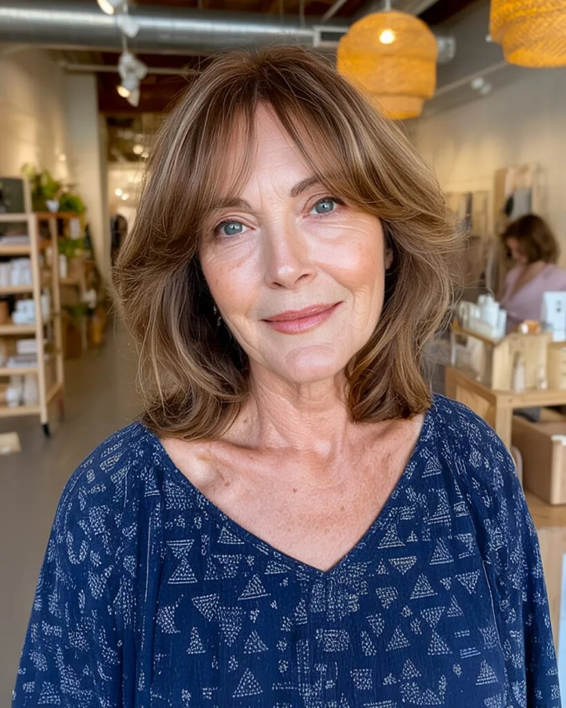 Layered medium brown hairstyle with curtain bangs for women over 60