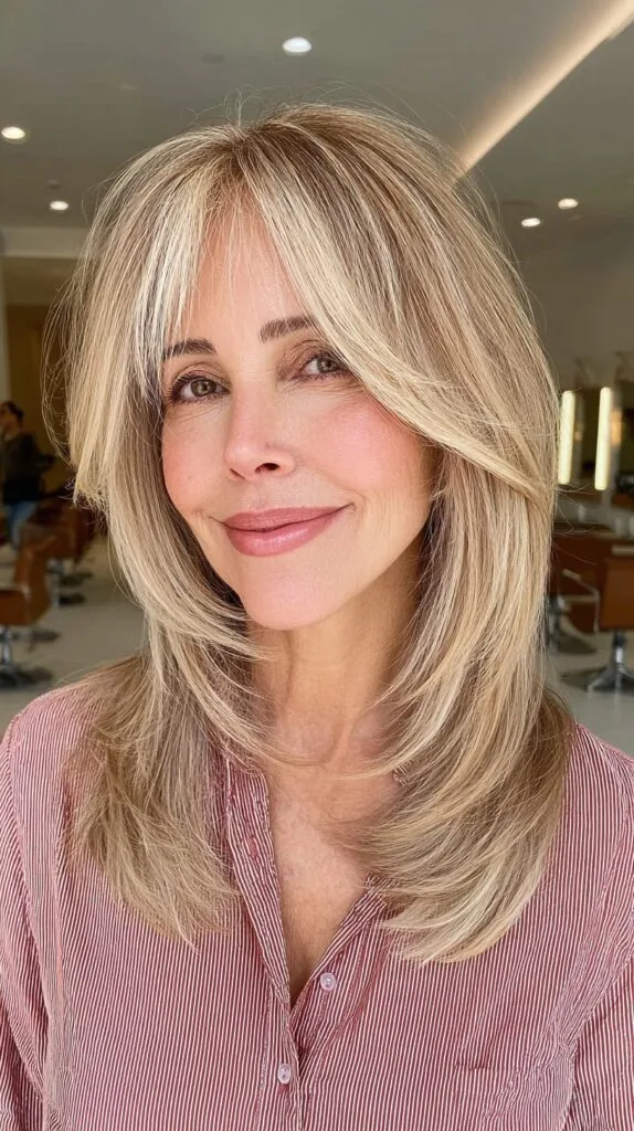 Layered Mid-Length Cut with Long Feathered Curtain Bangs and Root Shading