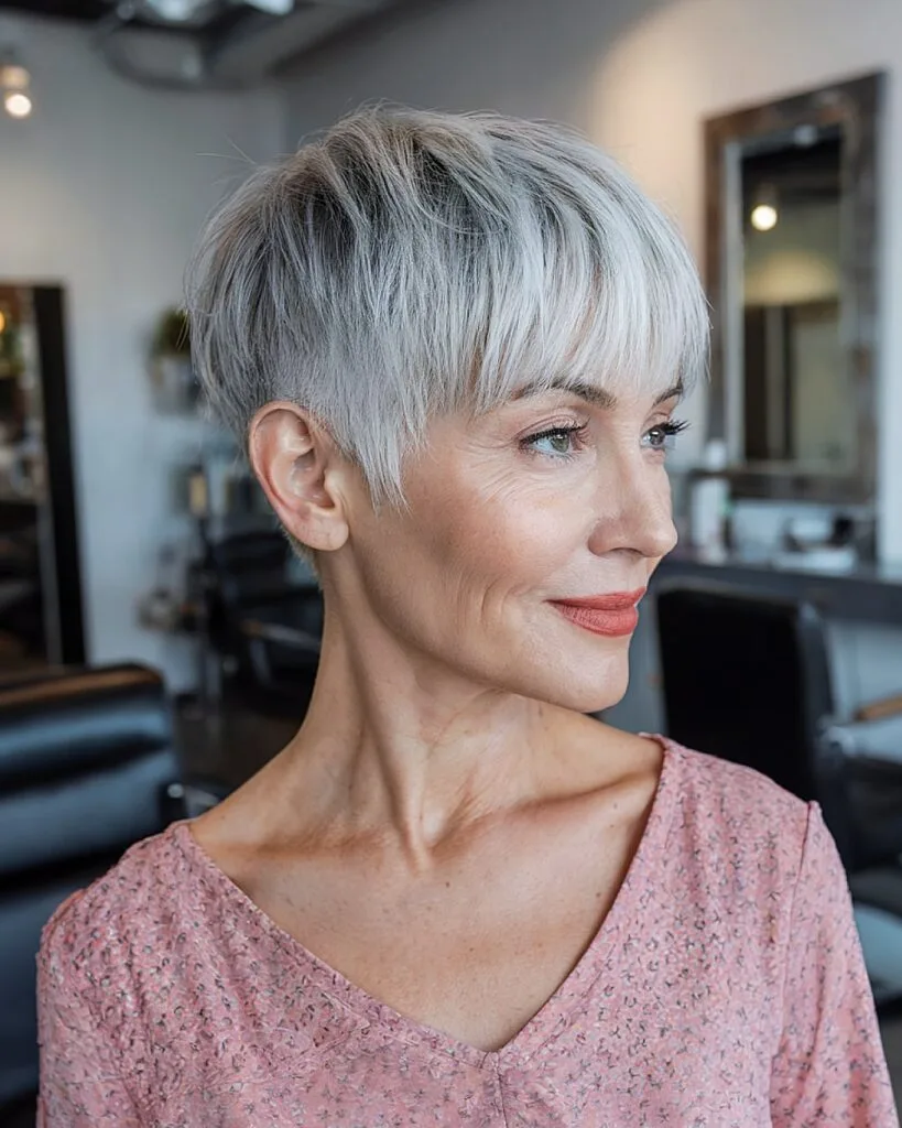 Layered mushroom pixie haircut with long fringe for older women with gray blending