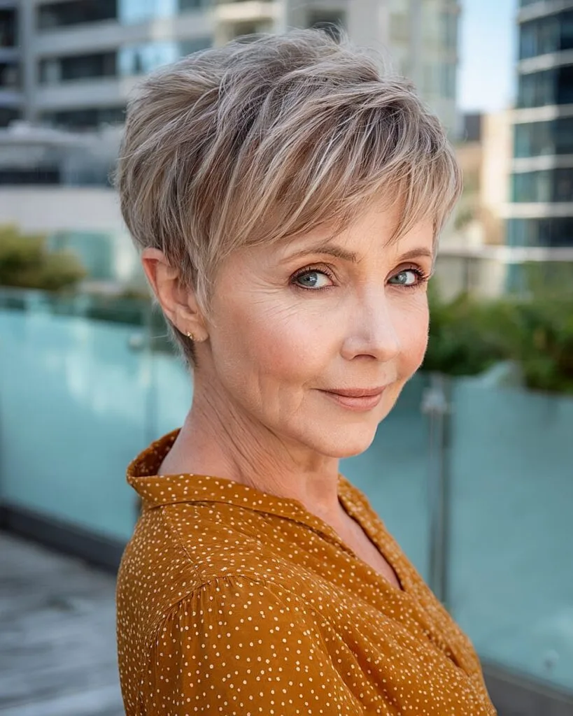 Layered pixie cut for older women with feathered crown and soft ash-blonde tones for a light, airy finish