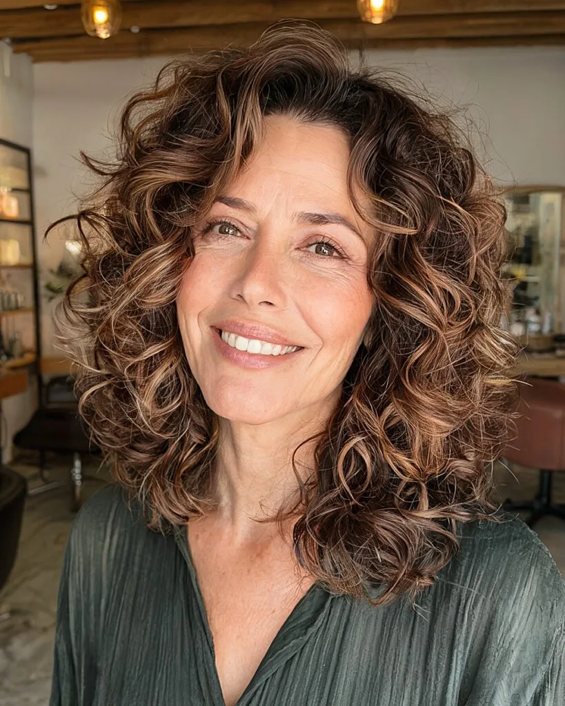 Layered shoulder-length curls with warm highlights for mature women wanting shape and volume
