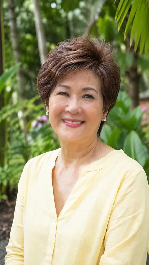 Lifted brunette pixie cut with swept crown volume