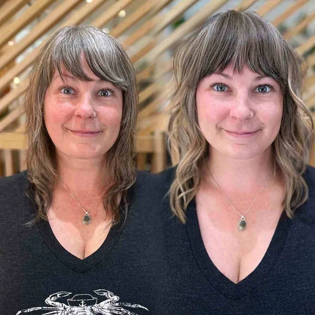 Light Blonde Balayage with Full Bangs for 40-Year-Olds with Mid-Length Hair