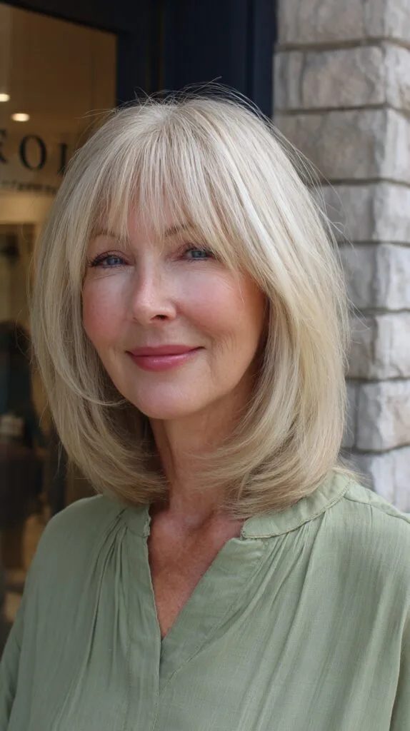 Light Blonde Layered Cut with Soft Full Bangs
