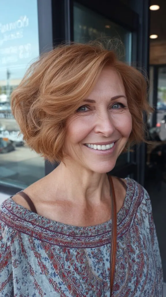 Light Copper Stacked Textured Bob with Side-Swept Layers