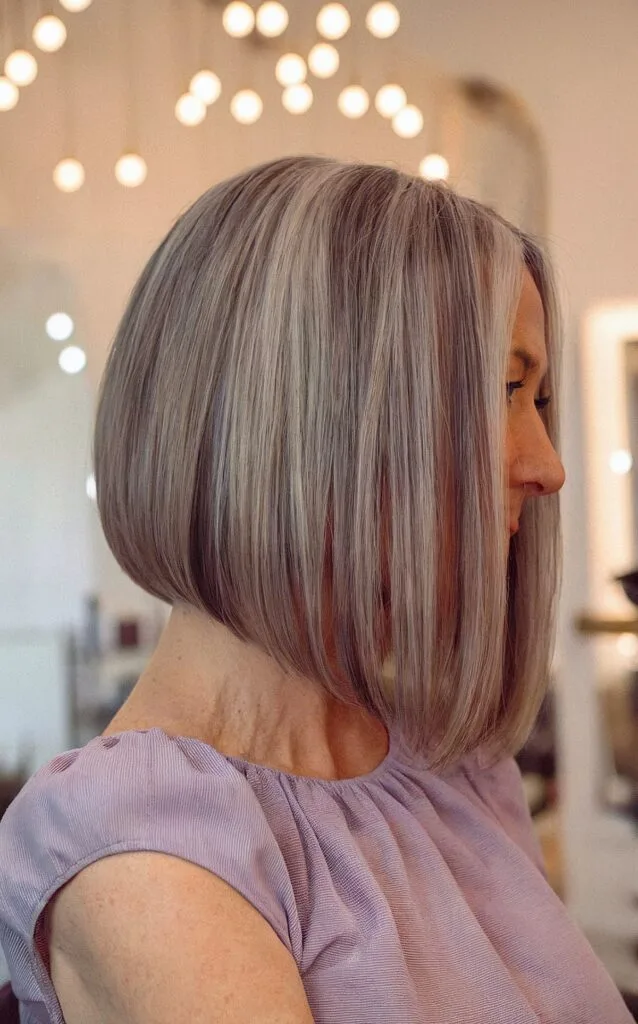 Long Angled Bob Hairstyle for a woman in her sixties