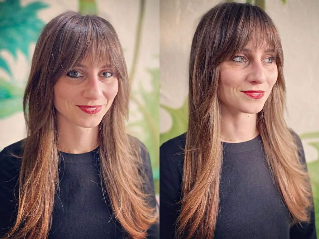 Long-Length Straight Thin Layers with Bottleneck Bangs for Women Over 50