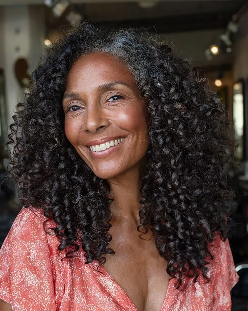 Long spiral curls with natural volume for mature women embracing defined curly texture