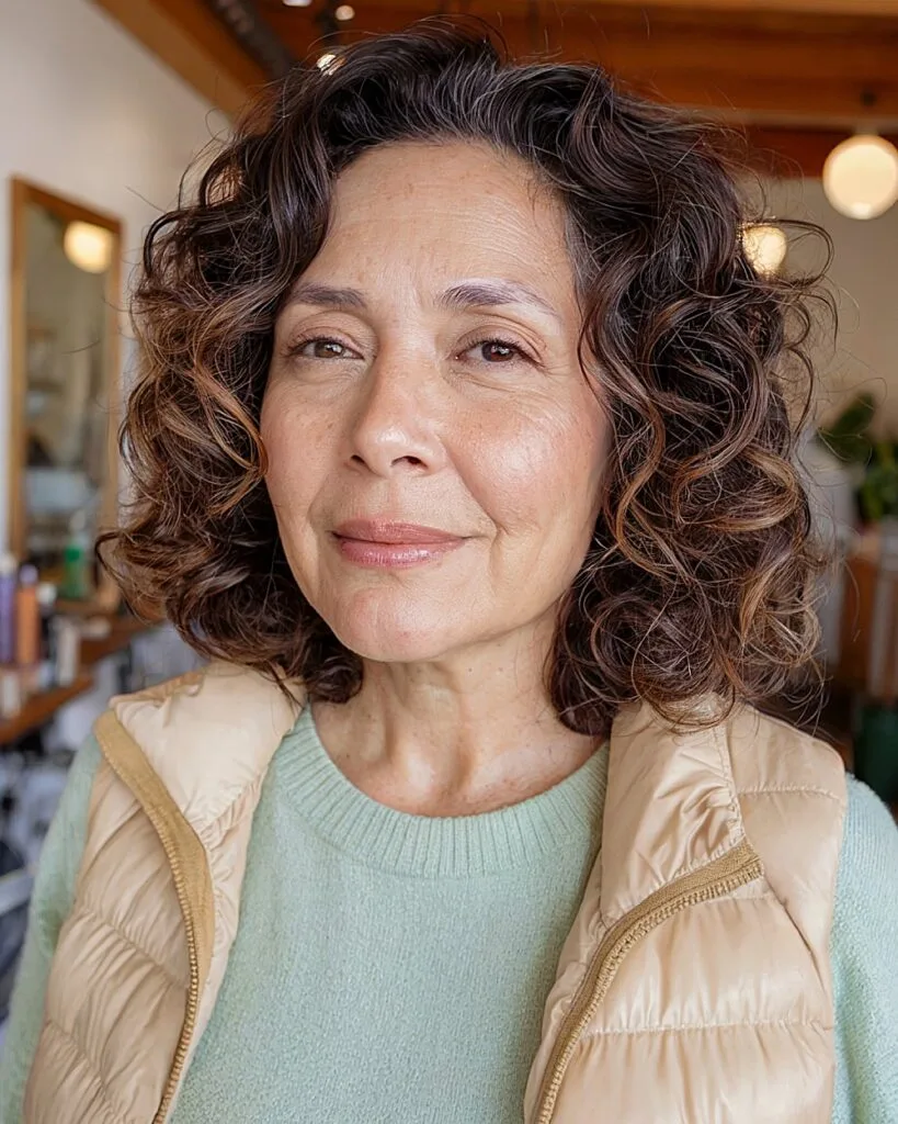 Loose natural medium-length curls with subtle highlights for women over 50 embracing texture