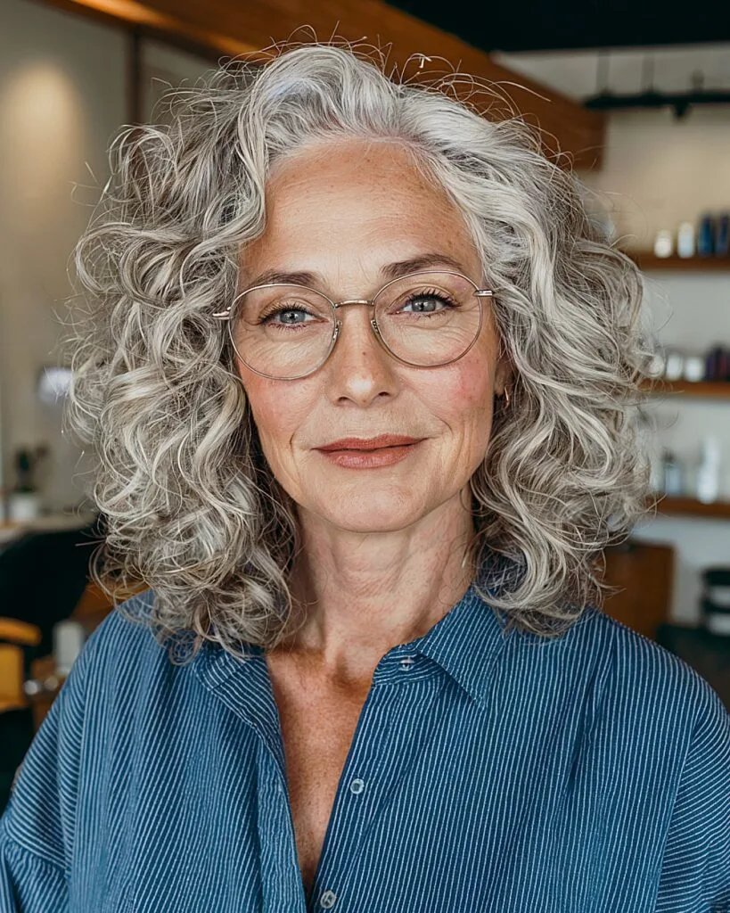 Low maintenance medium gray layered curls for over 50 women with naturally curly hair