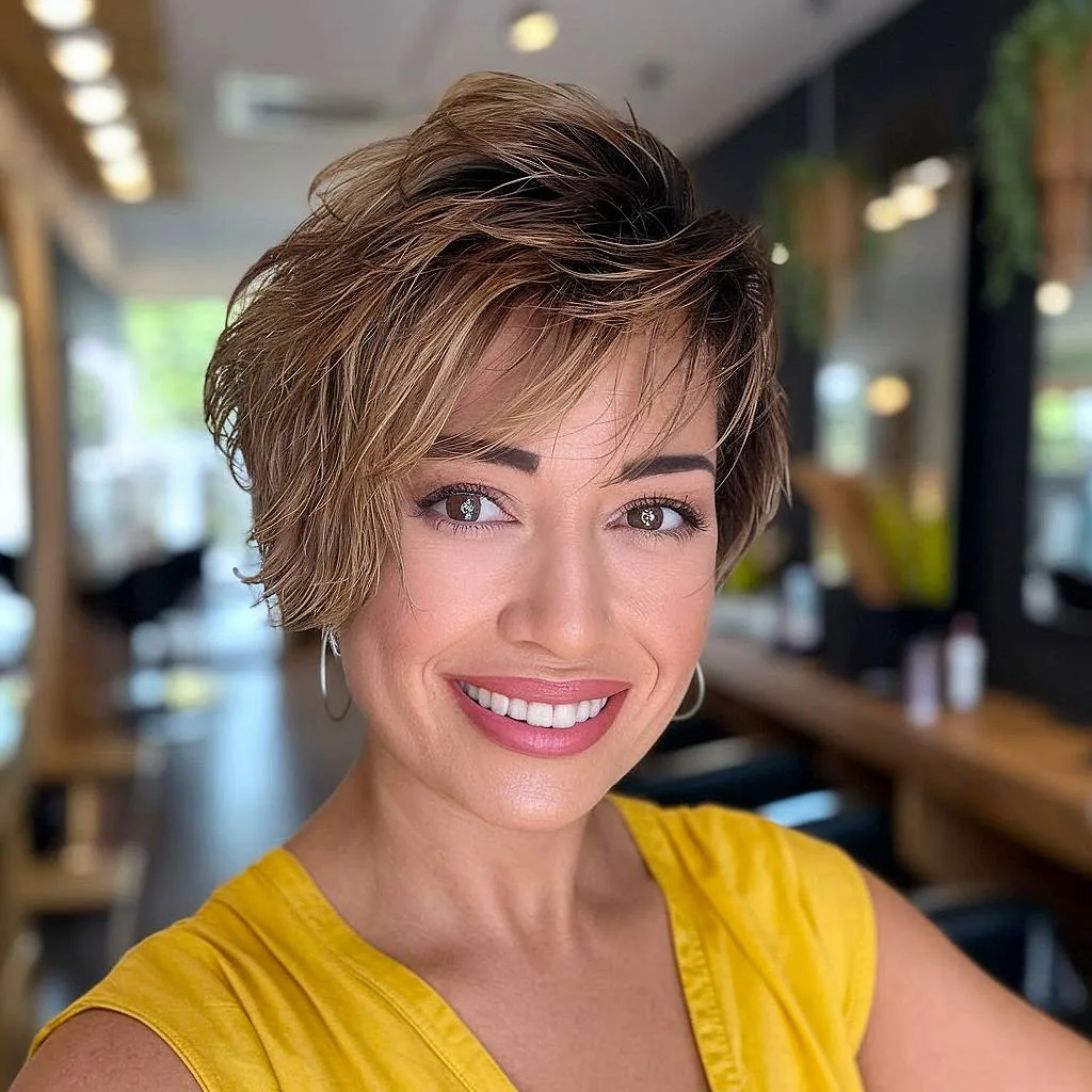 Low-maintenance short shag with tousled layers and side-swept fringe