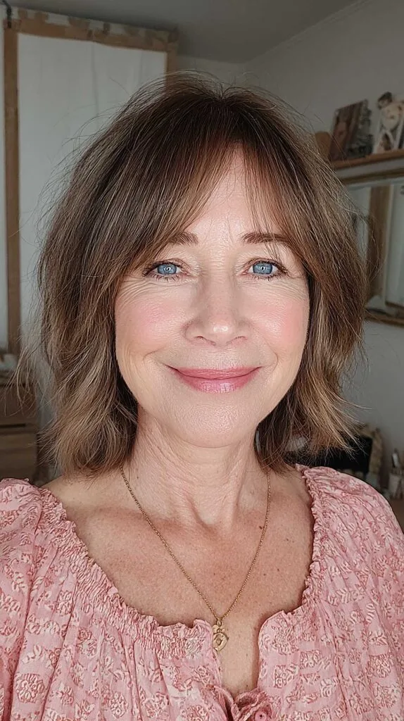 Medium brown layered bob with soft wispy curtain bangs