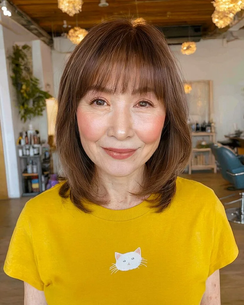 Medium brown layered haircut with wispy bangs for women over 60 with fine hair