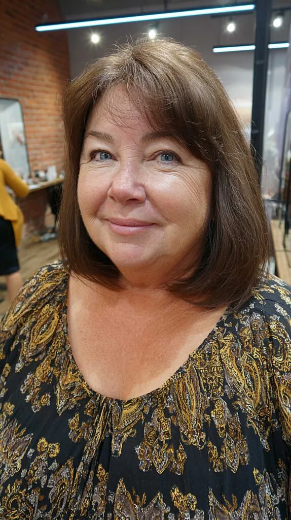 Medium brown longer layered bob with wispy side bangs