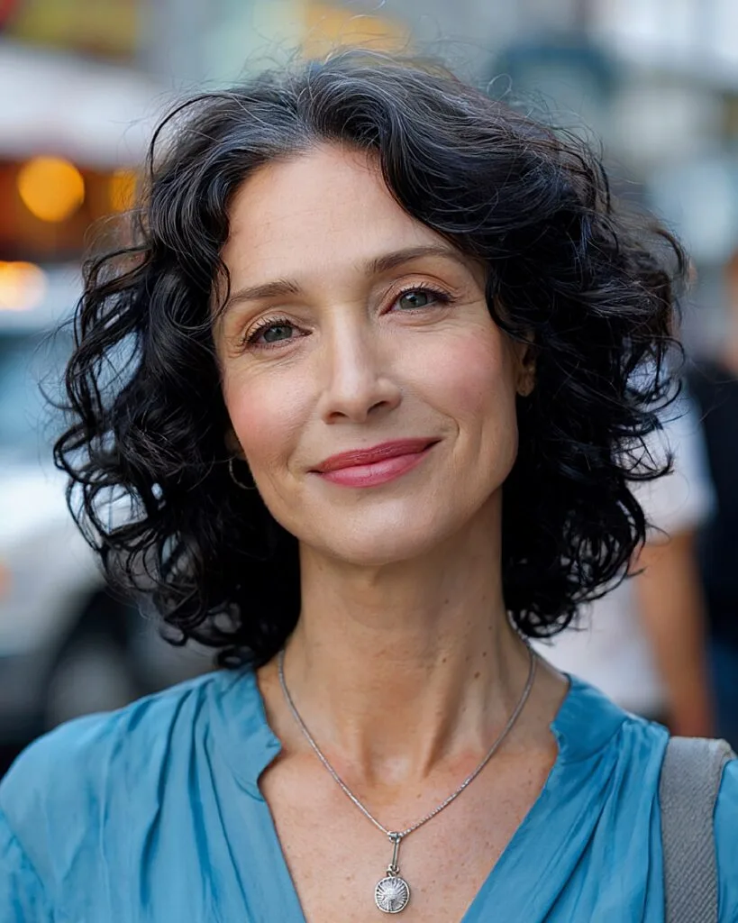 Medium curly hairstyle with a clean middle part for women over 50 embracing natural texture