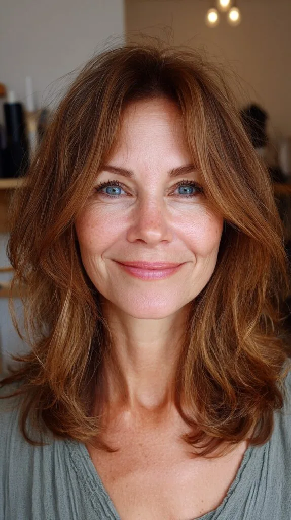 Medium Face-Framing Layers with Root Melt and Wispy Curtain Fringe