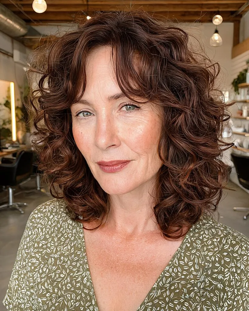 Medium-length curly hairstyle with curtain bangs for women over 50 who want soft framing layers