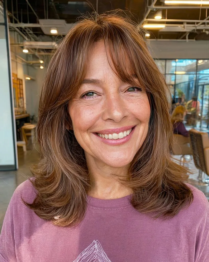 Medium-length layered cut with curtain bangs for women over 60 with thick brunette hair